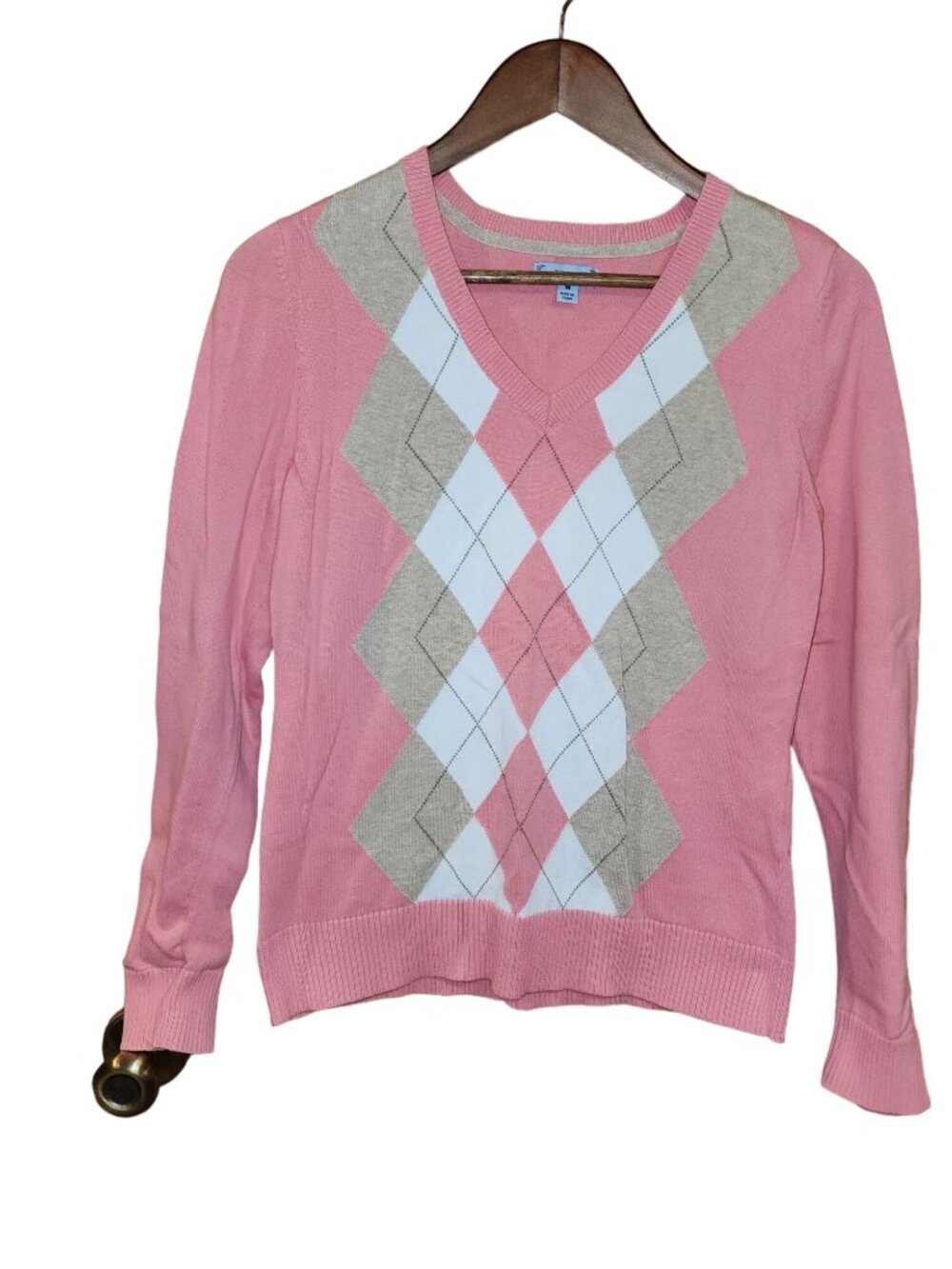 Izod crew neck Sweater Pink Argyle Print 100% Cotton Long Sleeve  womens Size M